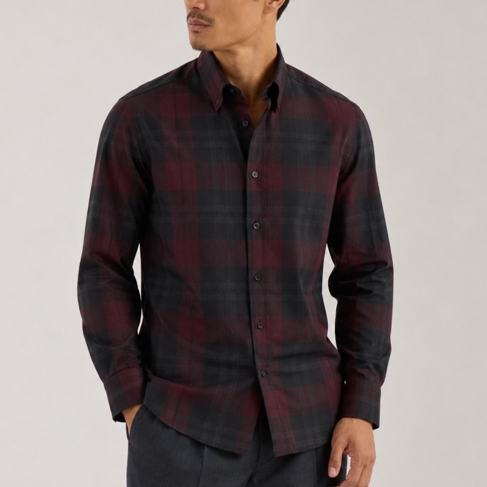 Trussardi Shirt Slim Fit Men Size L Burgundy Plaid Button Up Long Sleeve Preppy
